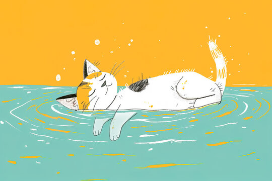 Calm cat floating on water illustration. Generative AI image