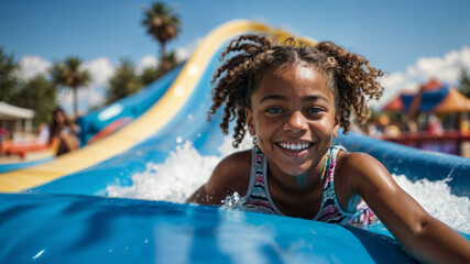 Niña afroamericana sonriente y feliz en un tobogán en un parque acuático