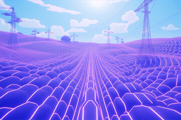 Fototapeta premium Surreal landscape with glowing purple hills and power lines in the distance rendered in a low poly style.