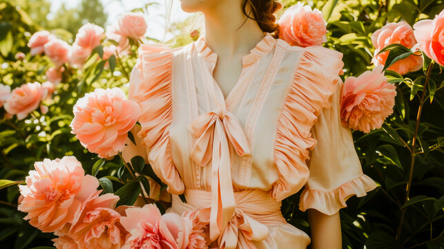 Elegant anonymous woman in a peach ruffled dress blending with a garden of lush peonies, embodying the peach fuzz color of the year, envisioned by generative AI