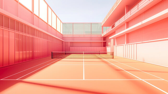 An empty tennis court bathed in the trendy peach fuzz color of the year, offering a serene and stylish sports setting, designed by generative AI