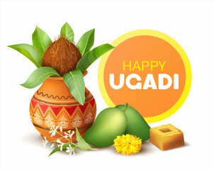 Greeting background with Kalash (pot) and green mango fruits for Indian New Year festival Ugadi (Yugadi, Gudi Padwa). Vector illustration.