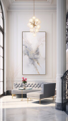 Elegant waiting area with gray sectional sofa, abstract art, and a chandelier.
