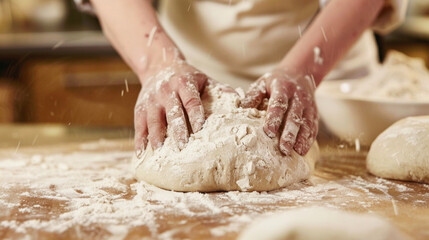 A person is kneading dough on top of a wooden table.