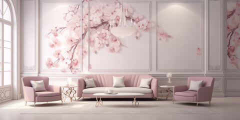 Elegant pink living room with sofa and armchairs in classic interior style
