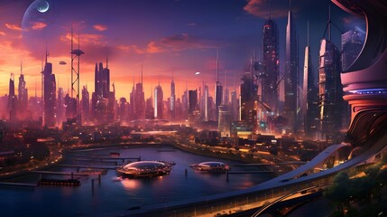 Panoramic aerial view of shanghai skyline at dusk. - obrazy, fototapety, plakaty