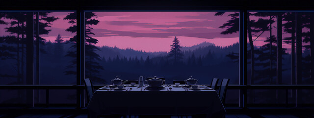 Elegant dinning room with a view on a purple sunset forest, in a minimalist and retro style, with flat colors and simple shapes. - obrazy, fototapety, plakaty