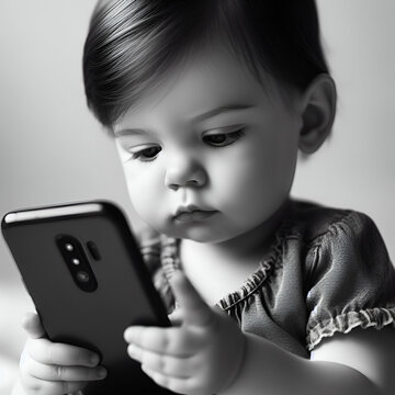 Black & White Photo of a Happy Baby / Little Toddler Child Kid Playing Seriously Concentrated Looking Watching Focused Play Video Game Using Mobile Phone Smartphone at Home. Children Screen Time Limit