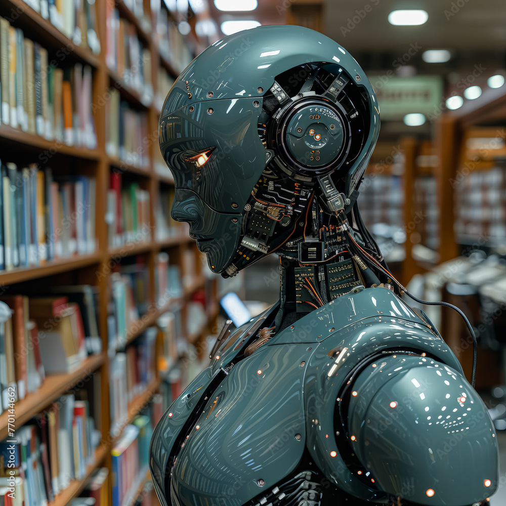 Poster a robot is standing in a store with people around it. the robot has a creepy, metallic appearance an