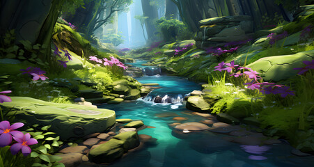 a waterfall in a lush forest with flowers on the water