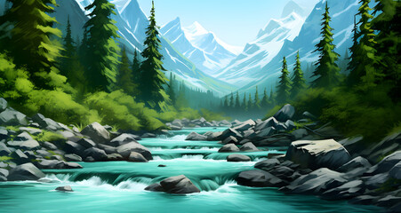 a painting of a river surrounded by trees - Powered by Adobe