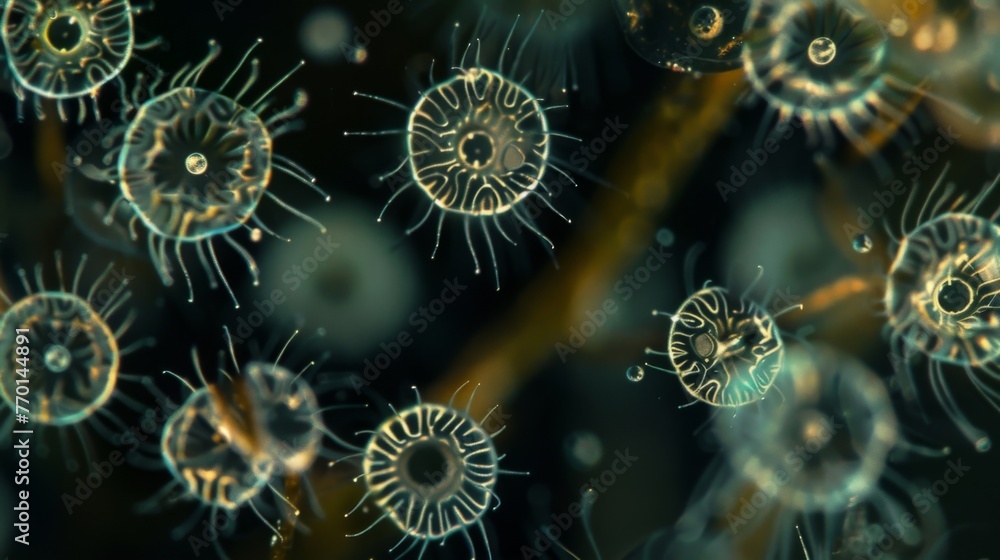 Poster a of microscopic plant spores each with distinct shapes and sizes ready to be released and dispersed