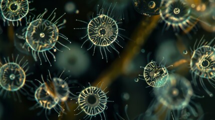 A of microscopic plant spores each with distinct shapes and sizes ready to be released and dispersed for new plant growth.