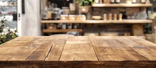 Wooden table displayed against a blurred white background, empty wooden shelf over a blurred restaurant setting, wooden tabletop for showcasing retail products in a store with a mock-up banner.
