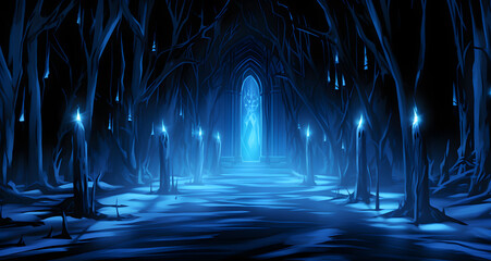 a blue snowy dark forest area with lots of light