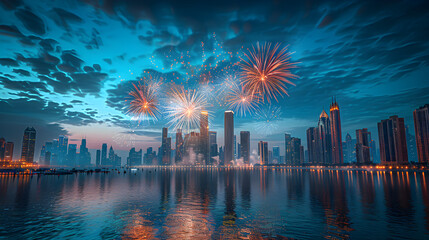 Fireworks exploding over a city skyline with reflections in the water, digital render of an imaginary city with beautiful new year's eve or fourth of july festival fireworks - obrazy, fototapety, plakaty