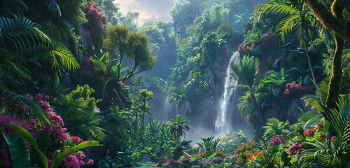 A lush rainforest with towering trees, vibrant tropical flowers, and a hidden waterfall.
