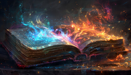 Magical glow and colorful lights coming out of open an book