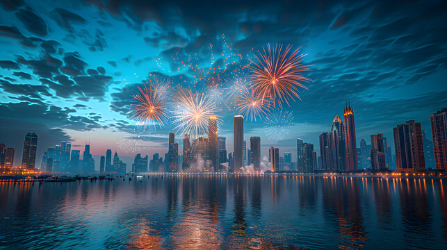 Fireworks exploding over a city skyline with reflections in the water, digital render of an imaginary city with beautiful new year&#039;s eve or fourth of july festival fireworks