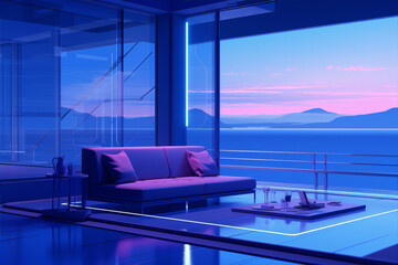 Futuristic living room interior with large windows and a view of the sea, blue and purple colors, 3d illustration