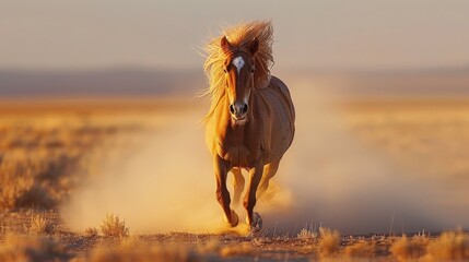 Elegant horse gracefully galloping freely in the vast openness of a serene field - obrazy, fototapety, plakaty