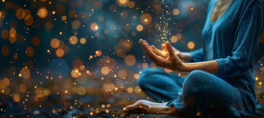 Spiritual women practicing yoga and meditation with psychic focus in defocused esoteric setting - obrazy, fototapety, plakaty