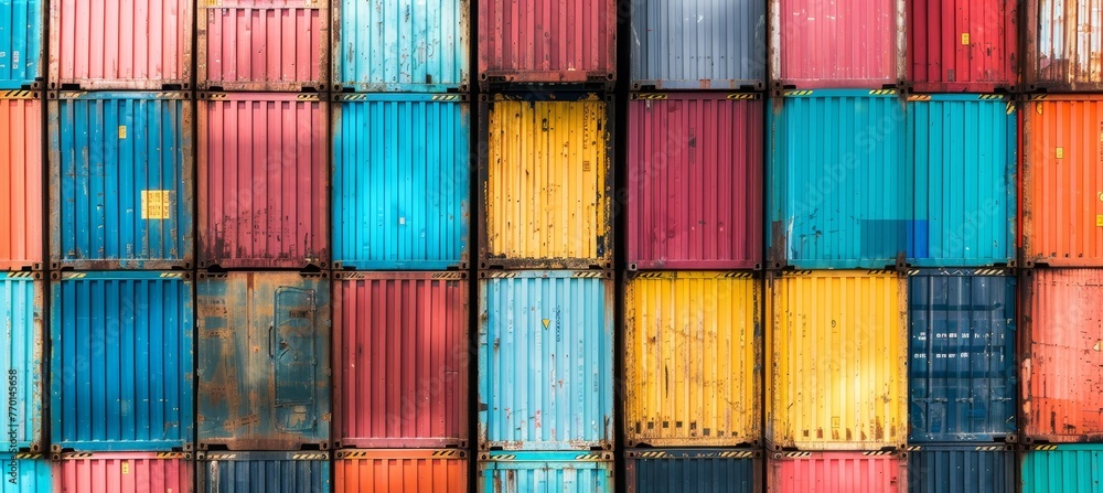 Poster vibrant rows of cargo containers in various hues stacked up in an industrial setting