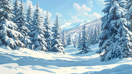 A pristine snow-covered landscape with evergreen trees dusted with powder, creating a winter...