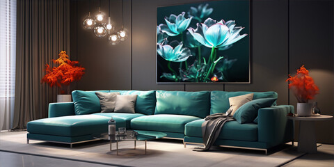 Teal sectional sofa in a modern living room.