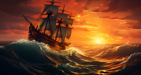 the ship is in rough ocean waves at sunset
