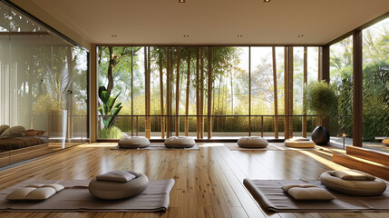 A serene yoga room with bamboo flooring, large windows, and tranquil nature-inspired decor.