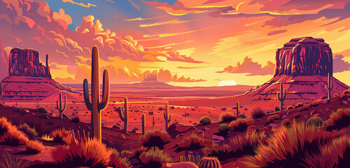 A stunning desert landscape with towering saguaro cacti, red rock formations, and a breathtaking sunset.