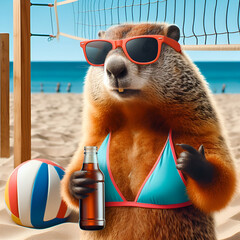 Groundhog at the Beach in Sunglasses and a Bathing Suit Holding a Drink Juice Bottle Cocktail in its' Paws at the Volleyball Net with Balls. Groundhog Day Bliss Sun Sand Shadows Recreation Sea Lounger