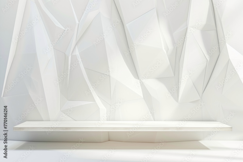Poster elegant futuristic setting with soft lighting, featuring a white abstract background and a wooden sh