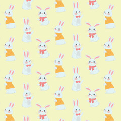 Playful and cute pattern featuring cartoon bunnies. Easter bunnies in different outfits and in different poses, pattern, isolated