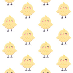 Seamless pattern of cute, chubby yellow chicks arranged in a grid. Easter chick with a small tuft of feathers on top of its head, for fabrics, wrapping paper, or seasonal decorations
