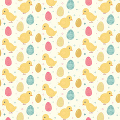 Repetitive and colorful pattern featuring adorable yellow chicks and an assortment of Easter eggs