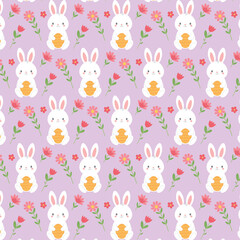 Easter pattern, white rabbit holding an orange egg with pink and red flowers on a light purple background