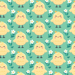 Pattern with adorable yellow chicks interspersed with white flowers, kids vector illustration