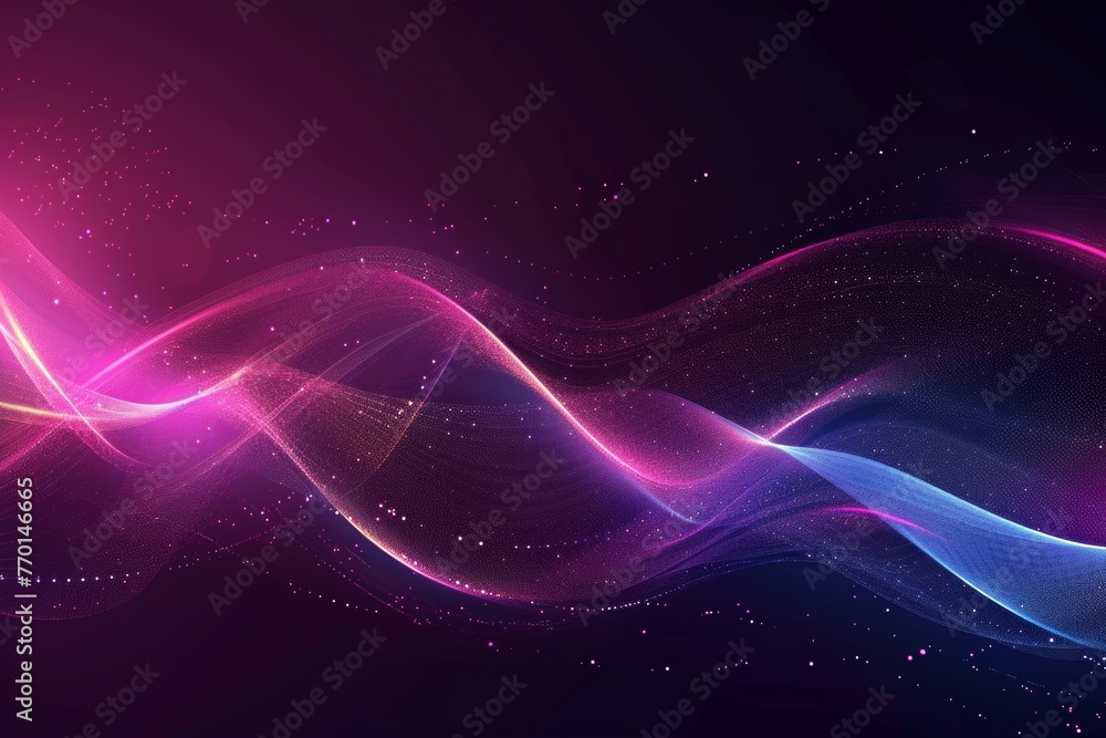 Poster flowing wave lines in a futuristic glow against a dark abstract backdrop.