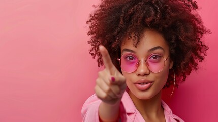 A Pink background with a woman pointing her finger - obrazy, fototapety, plakaty