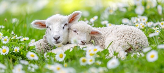 Adorable young lamb lovingly nuzzling its mother in a tranquil and verdant meadow