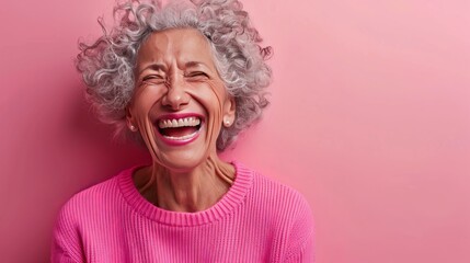 Beautiful woman 50s age  with grey hair laughing and smiling - obrazy, fototapety, plakaty