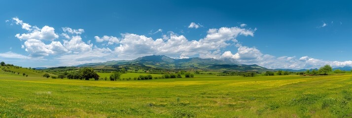 Tranquil mountain vista with lush meadows, wildflowers in rural nature banner, spring summer view