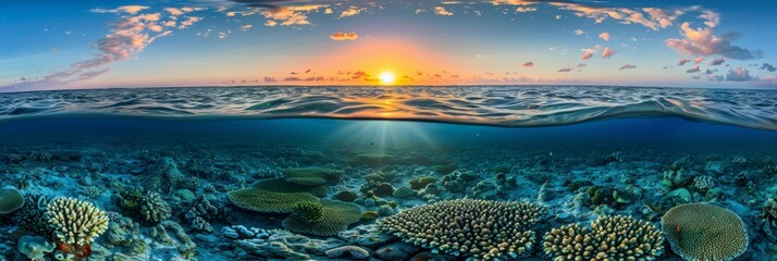 Split view of great barrier reef marine ecosystem at sunset in queensland, australia - obrazy, fototapety, plakaty