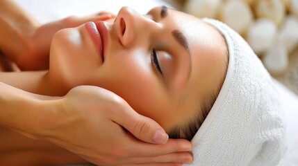 Obraz na płótnie Canvas Young woman receiving relaxing facial massage at spa for rejuvenating beauty treatment