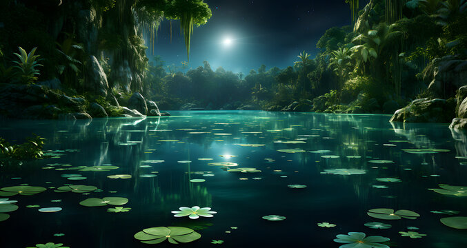 an animated image of a beautiful pond in the night