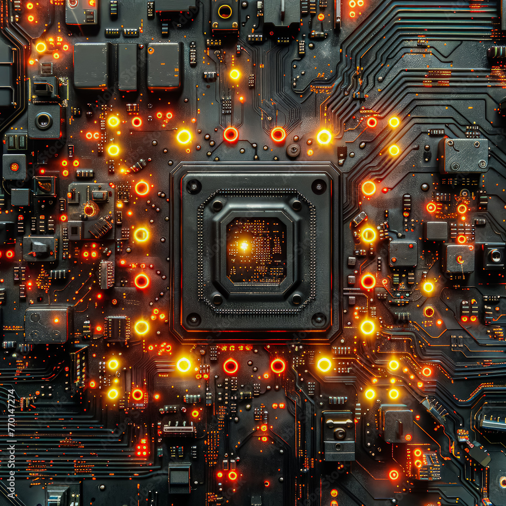 Poster a close up of a computer chip with a red glow. the chip is a microprocessor and is surrounded by oth