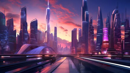 Highway in modern city at sunset. Panoramic illustration.