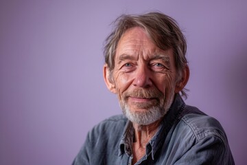 Portrait of an old man with a gray beard on a purple background